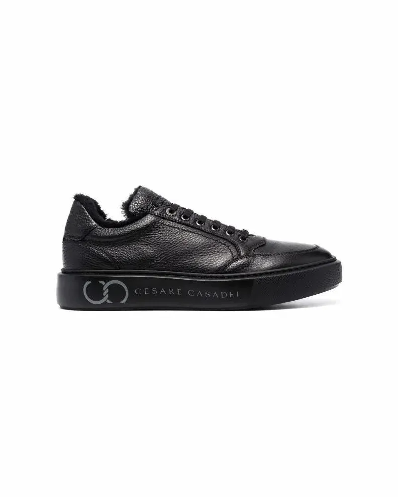 Casadei Low-Top Sneaker Textured Black Leather Low-Top Sneakers With Fur L schwarz Schwarz