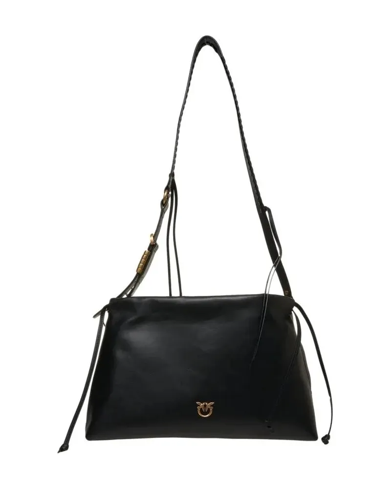 Pinko Hobo Bags Structured Black Leather Shoulder Bag With Woven S schwarz Schwarz