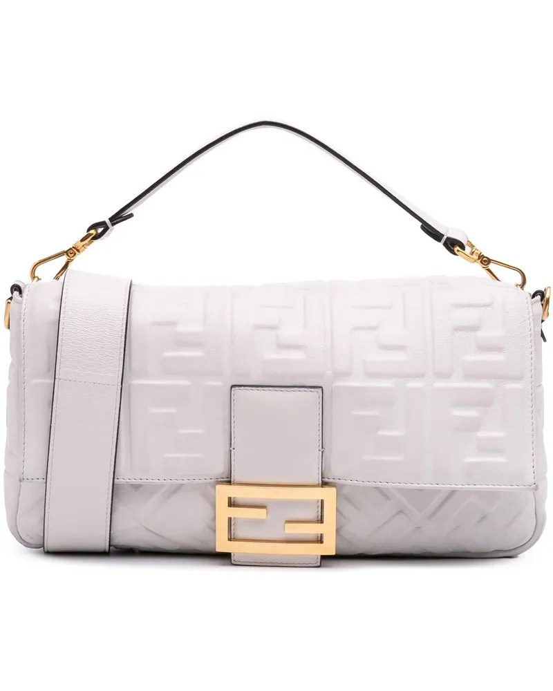 Fendi Hobo Bags Large Zucca Embossed Leather Baguette Satchel weiß Weiß