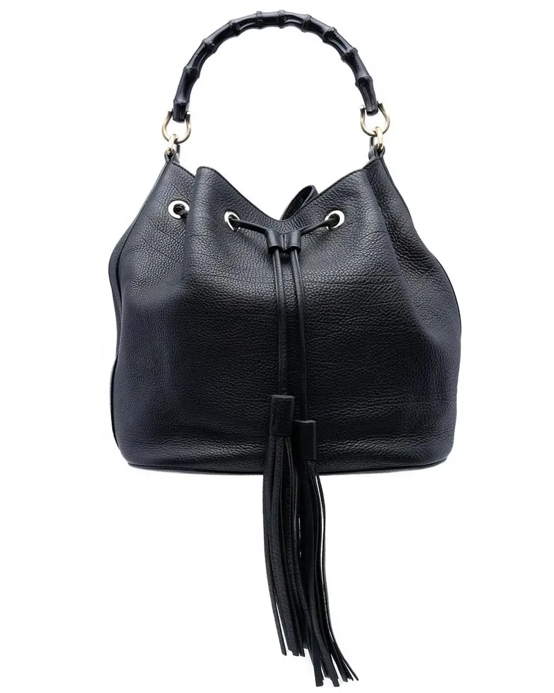 Gucci Hobo Bags Pebbled Calfskin Miss Bamboo Tassel Bucket Bag schwarz Schwarz