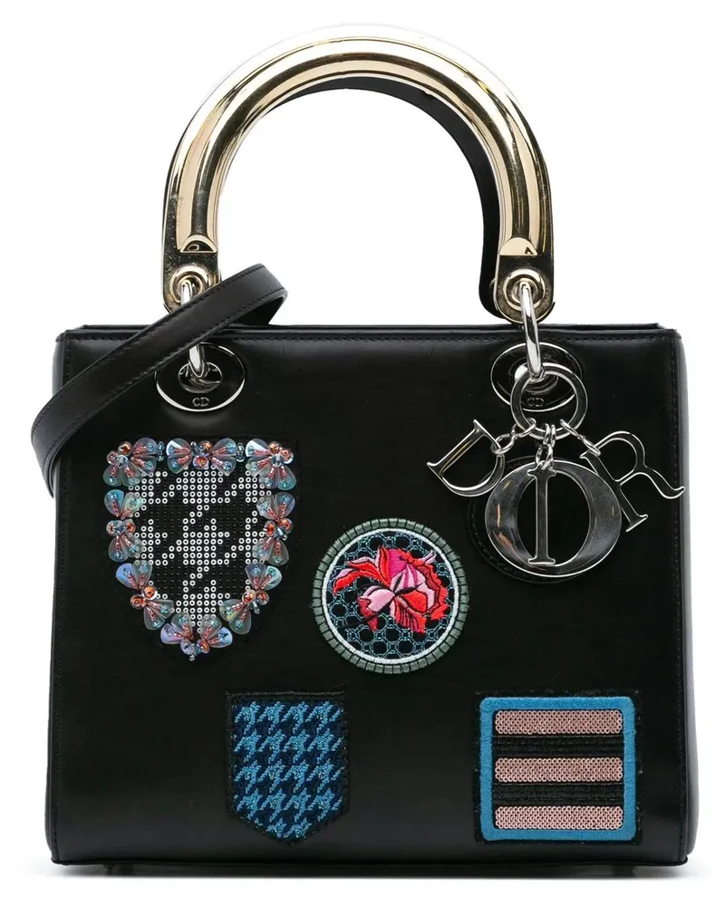 Dior Hobo Bags Medium Calfskin Patch Embellished Lady Dior schwarz Schwarz