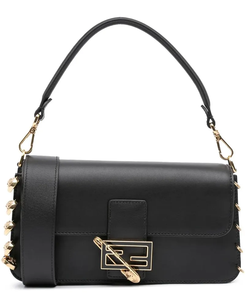 Fendi Hobo Bags Versace Vitello Seta Fendace Brooch Baguette Satch schwarz Schwarz