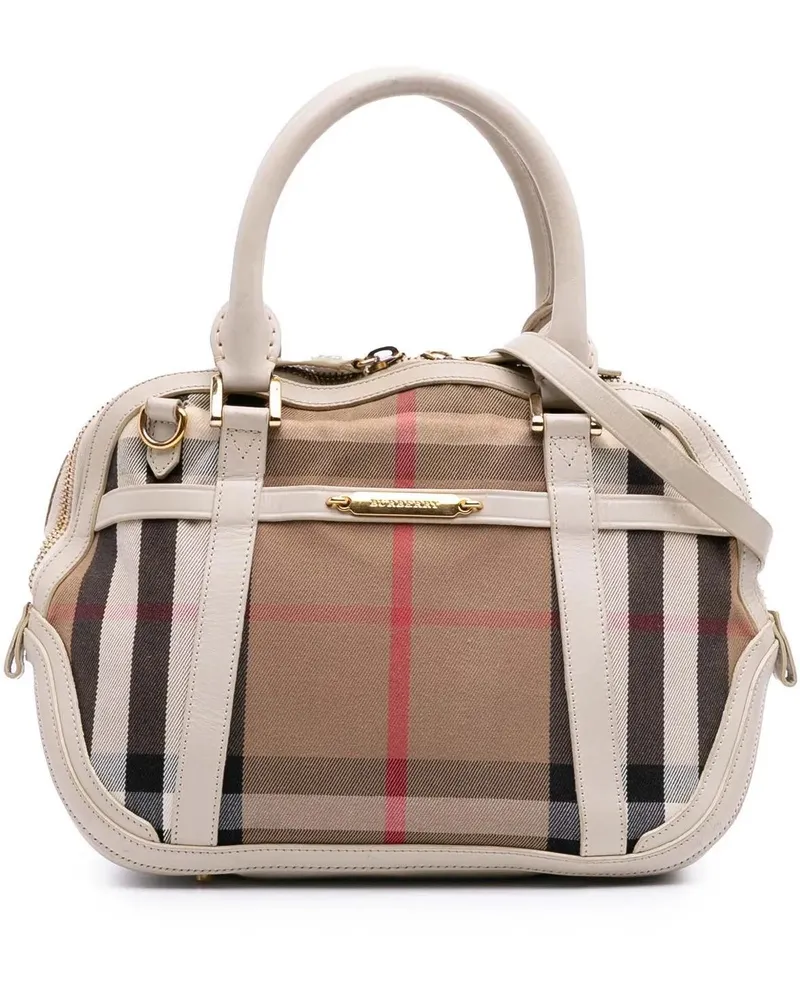 Burberry Hobo Bags Small Leather Trimmed House Check Canvas Bridle Or braun Braun