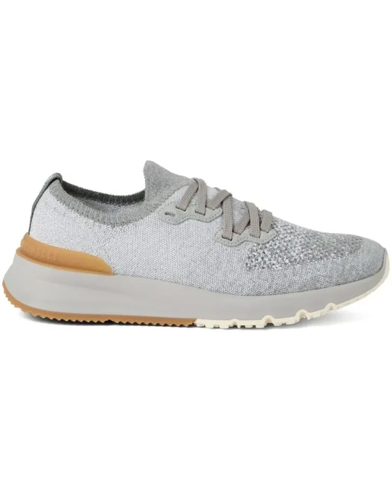 Brunello Cucinelli Low-Top Sneaker Knitted Grey Sneakers With Tan Heel Patch And Crea weiß Weiß