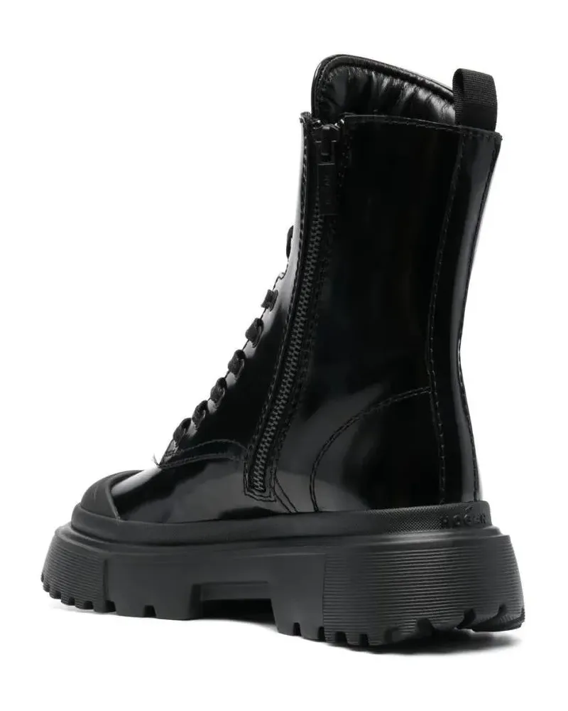 Hogan Stiefel Glossy Black Ankle Boots With Lace-Up Front And Ch schwarz Schwarz