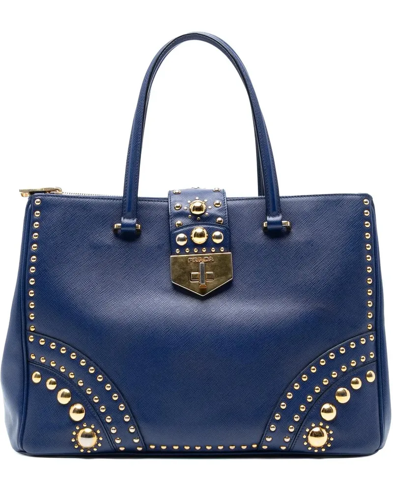 Prada Hobo Bags Saffiano Turnlock Double Zip Studded Tote blau Blau