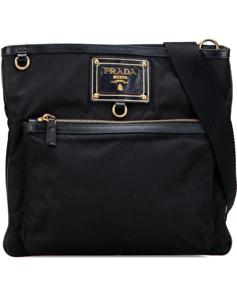 Prada Hobo Bags Saffiano Trimmed Tessuto Snap Crossbody schwarz Schwarz