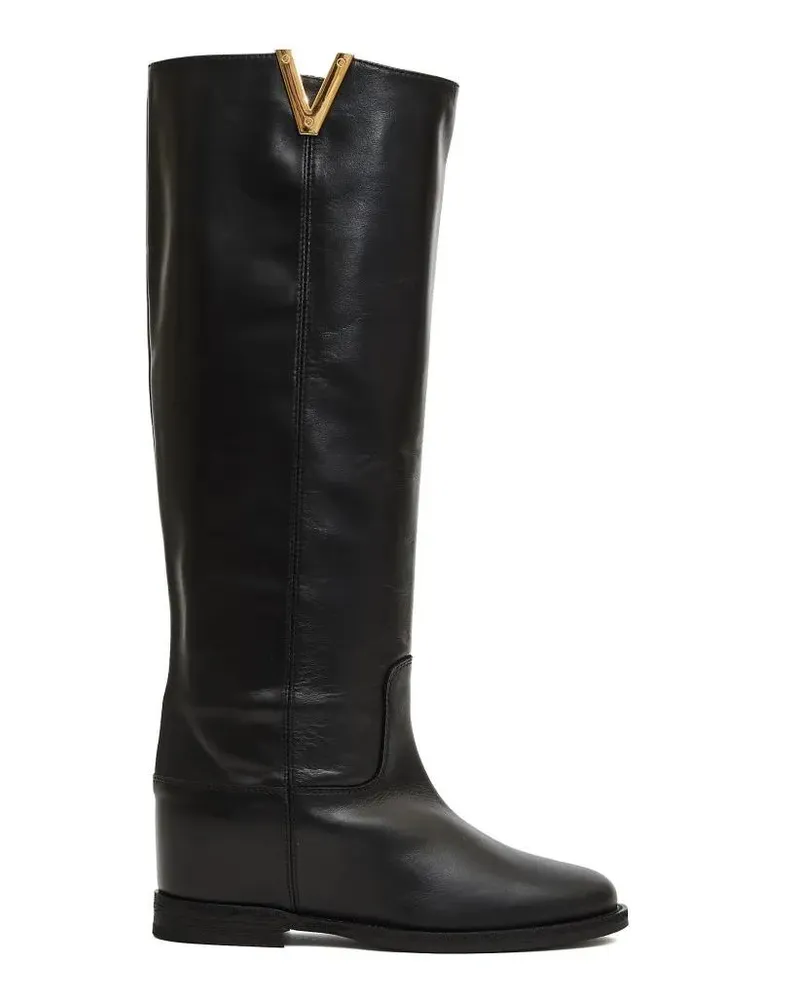 Via Roma 15 Stiefel Tall Leather Boots With Gold V Accent And Wedge He schwarz Schwarz