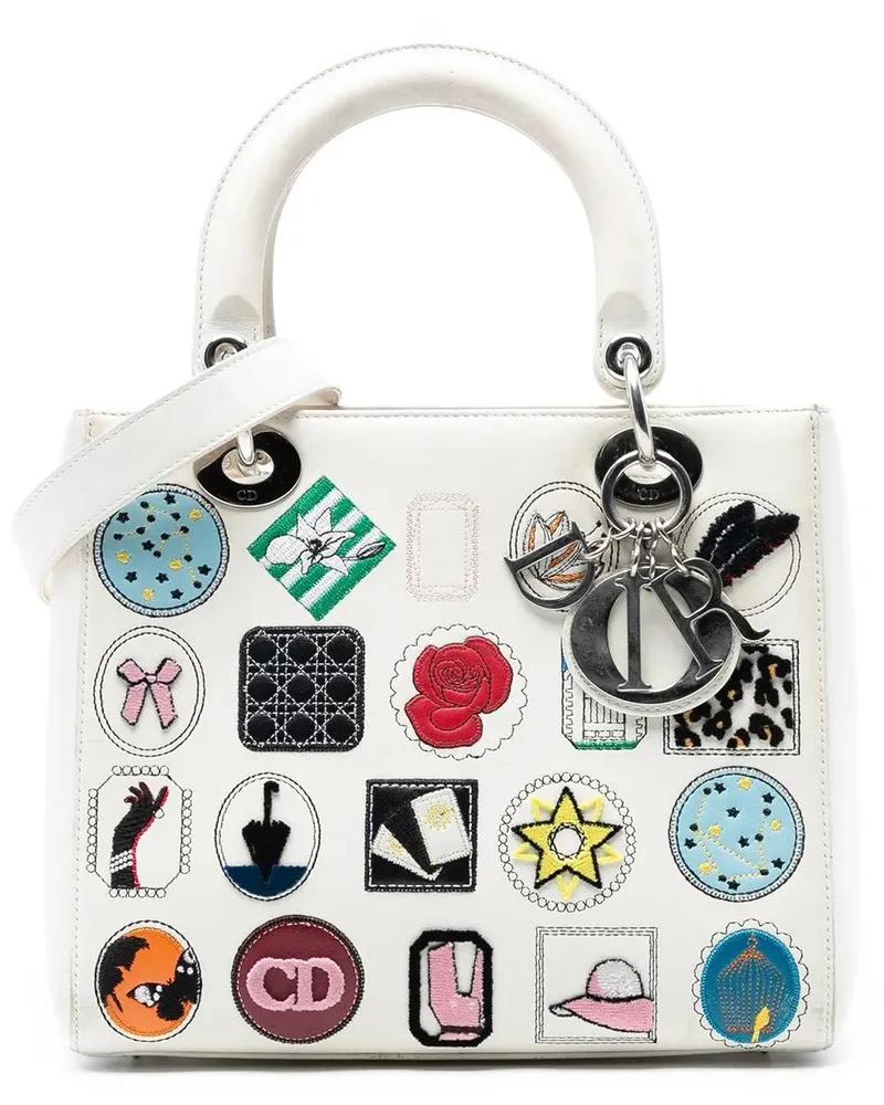 Dior Hobo Bags Medium Calfskin Patch Embellished Lady Dior weiß Weiß