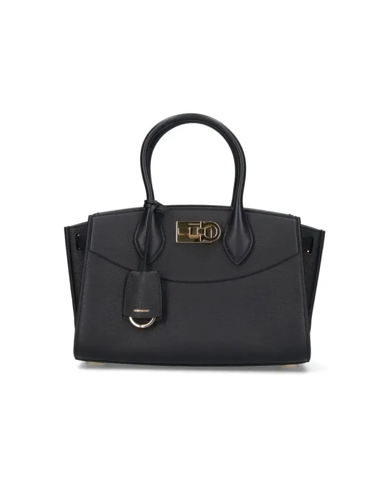 Ferragamo Hobo Bags Structured Black Leather Handbag With Gold-Tone Cl schwarz Schwarz