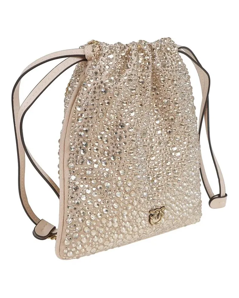 Pinko Hobo Bags Textured Rhinestone-Embellished Drawstring Bag beige Beige