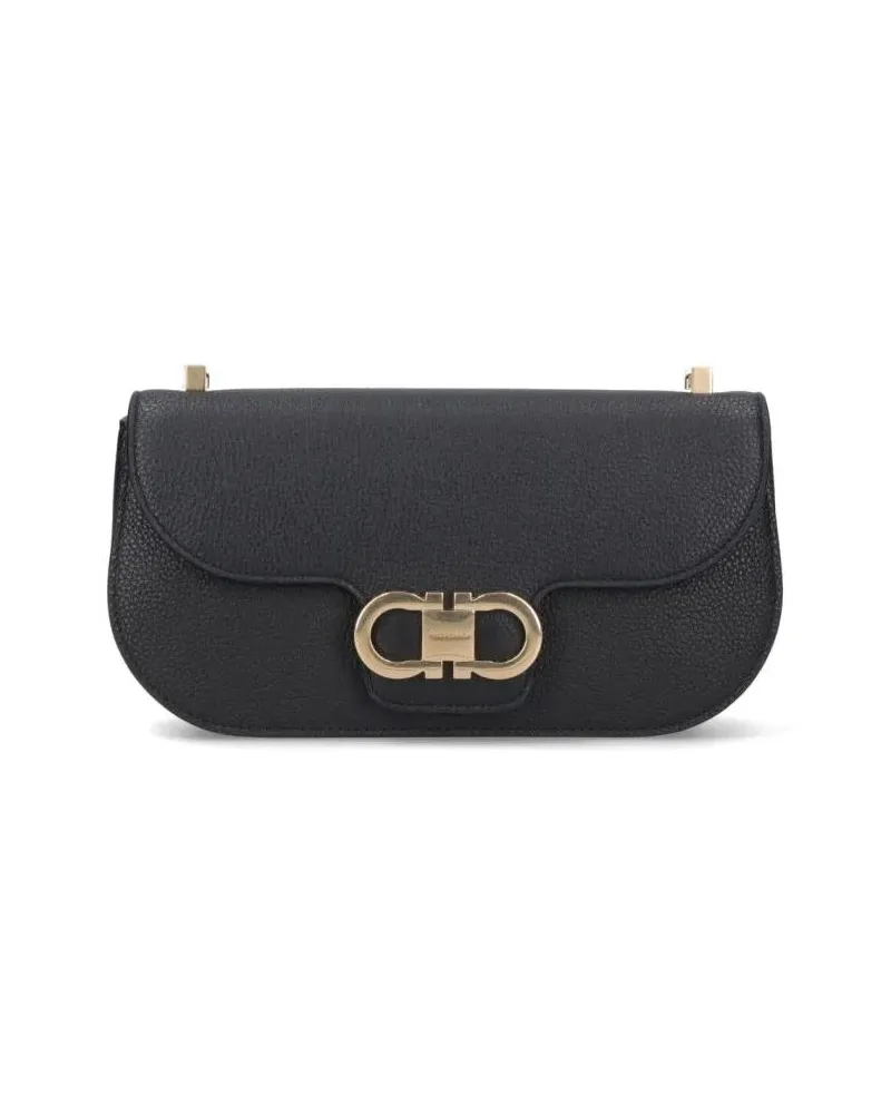 Ferragamo Hobo Bags Rectangular Black Textured Leather Shoulder Bag Wi schwarz Schwarz