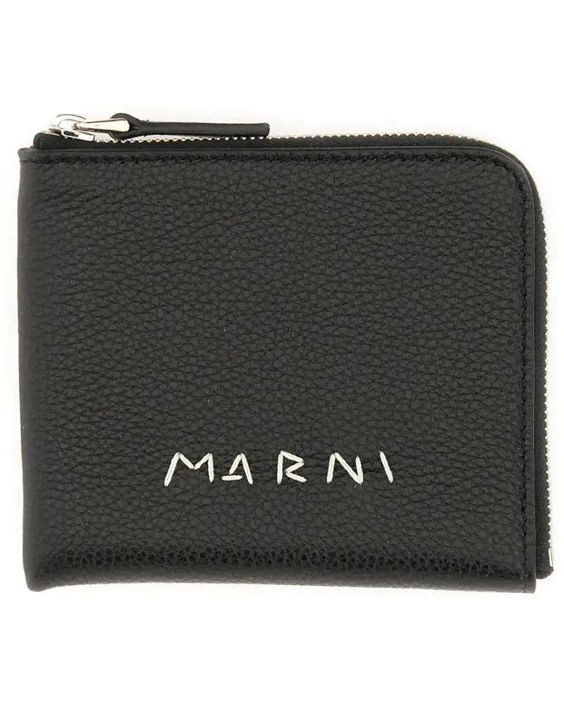 Marni Portemonnaies Textured Calf Leather Zip Wallet schwarz Schwarz