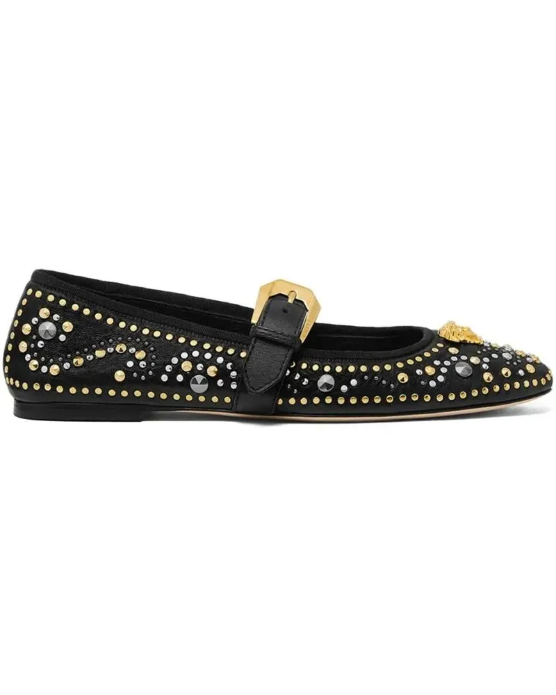 Versace Studded Black Flats With Gold Medusa Detail schwarz Schwarz