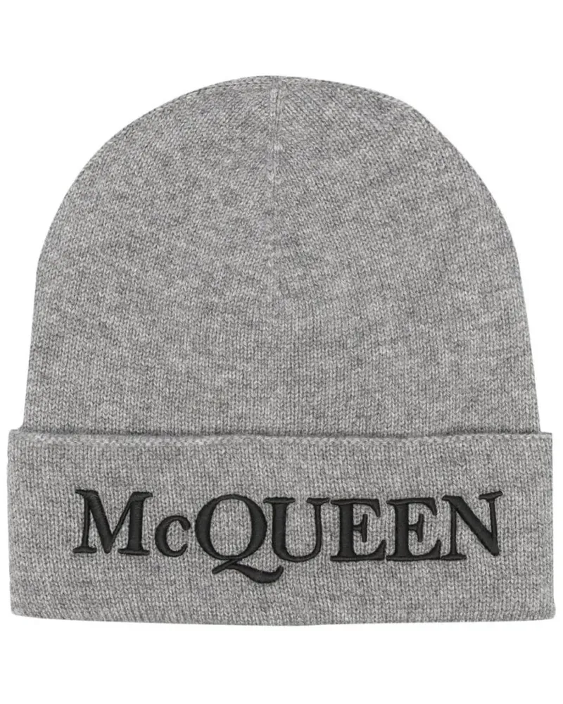 Alexander McQueen Caps & Mützen Logo Embroidered Cashmere Beanie grau Grau