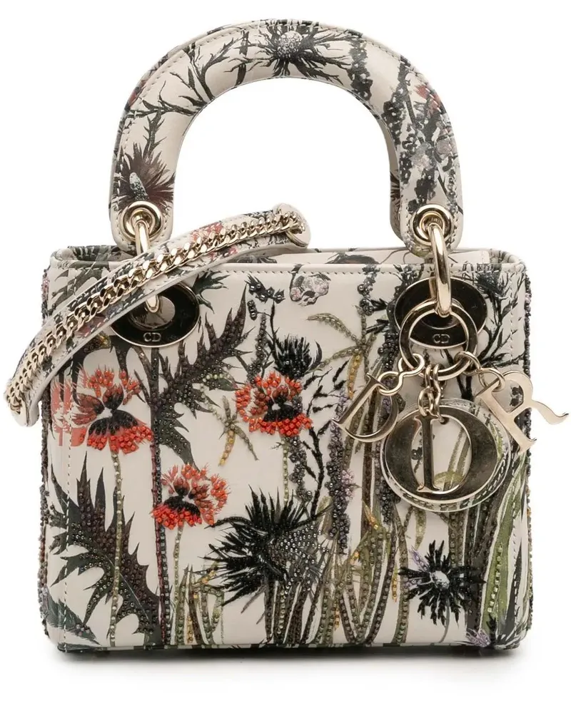 Dior Hobo Bags Mini Calfskin Beaded Embroidered Jardin Naturel La weiß Weiß