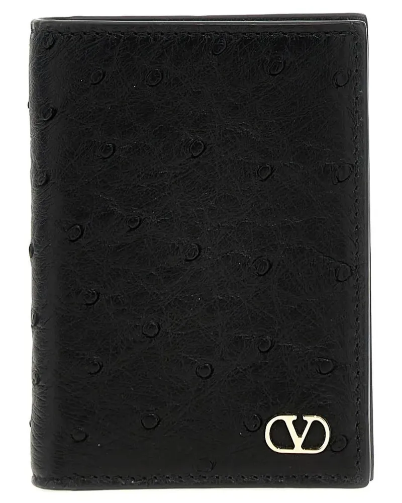 Valentino Garavani Portemonnaies Ostrich Leather Cardholder With Vlogo Signature schwarz Schwarz