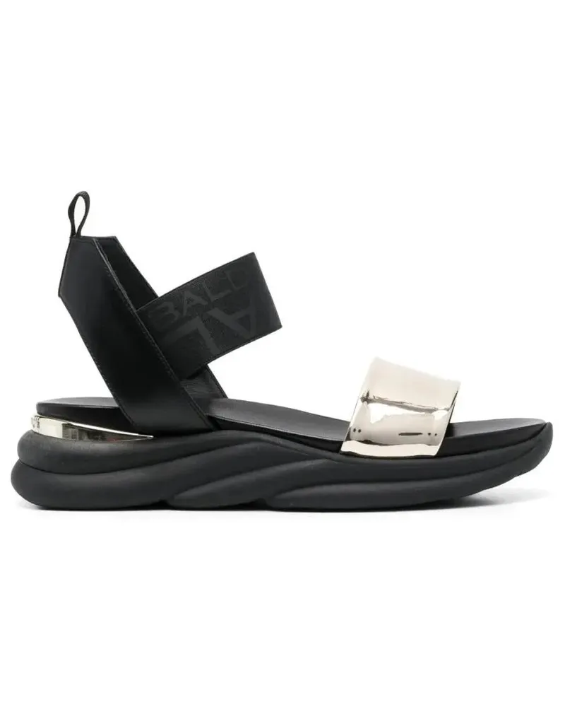 Baldinini Sandalen Grey Leather Flat Sandals With Ankle Strap And Met schwarz Schwarz