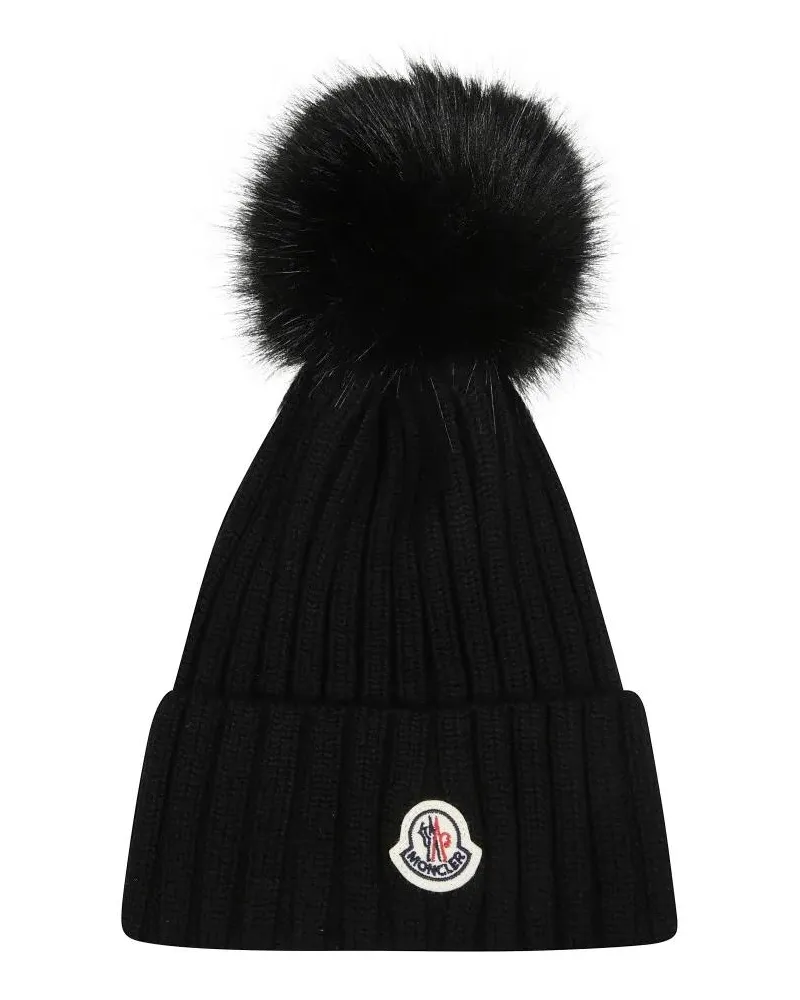 Moncler Caps & Mützen Ribbed Knit Hat With Fluffy Pom-Pom schwarz Schwarz