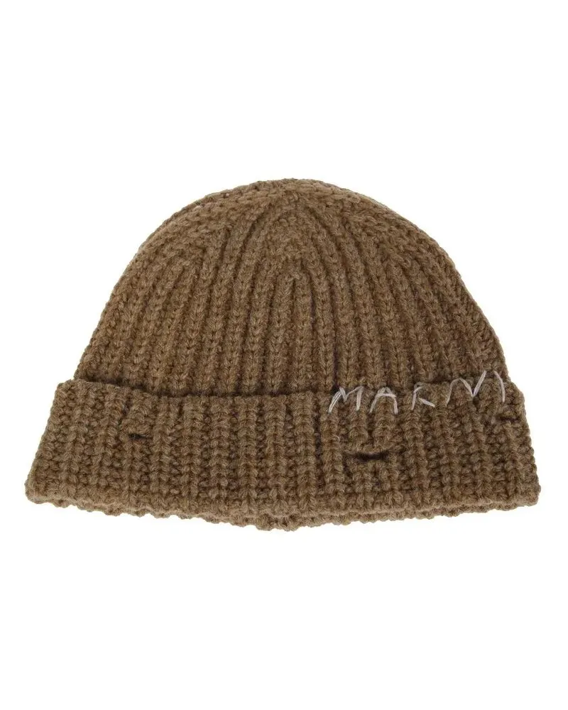 Marni Caps & Mützen Textured Ribbed Knit Beanie With Folded Cuff braun Braun
