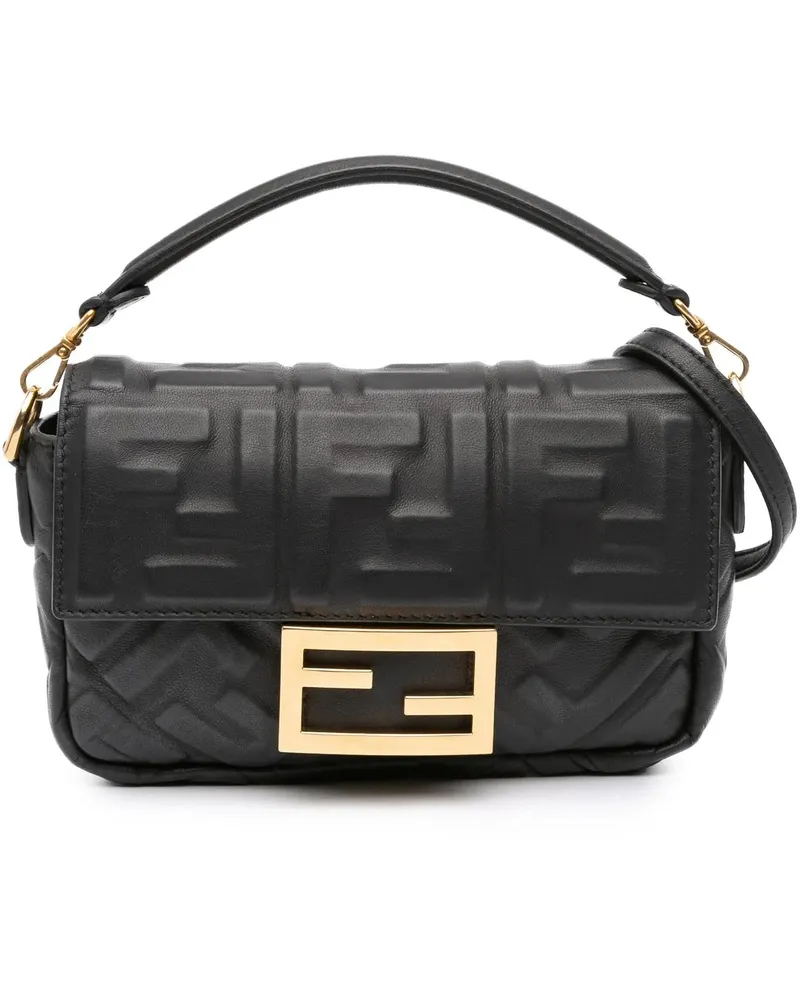 Fendi Hobo Bags Mini Zucca Embossed Leather Baguette Satchel schwarz Schwarz