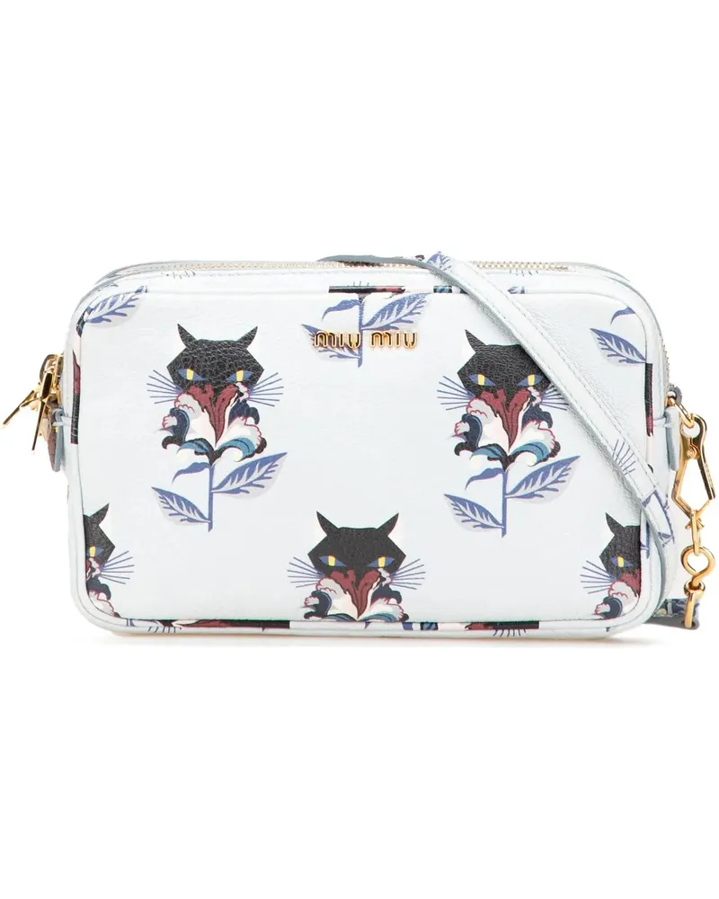 Miu Miu Hobo Bags Goatskin Madras Cat Print Double Zip Crossbody blau Blau