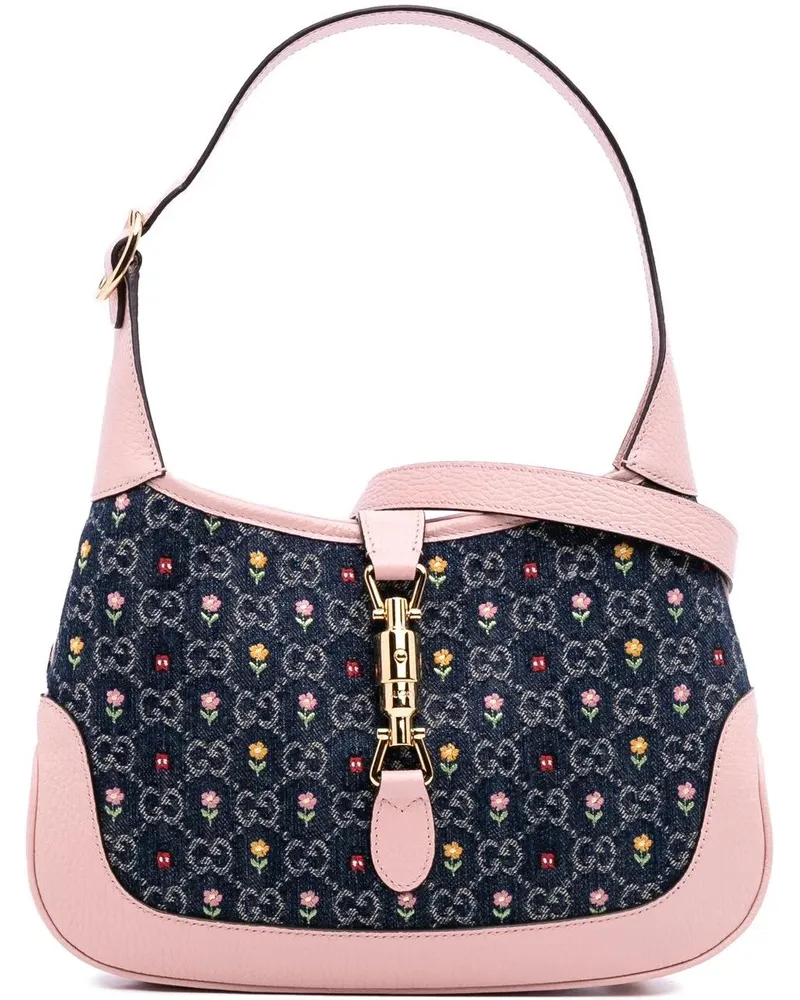 Gucci Hobo Bags Limited Edition Small GG Denim Embroidered Floral blau Blau