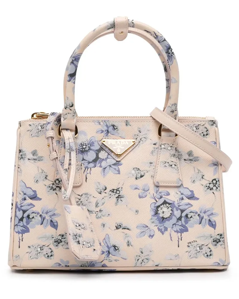 Prada Hobo Bags Small Saffiano Lux Galleria Floral Print Double Zi rosa Gold