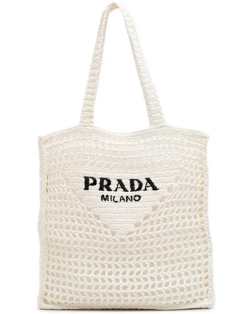 Prada Shopper Raffia Effect Crochet Logo Embroidered Tote weiß Weiß