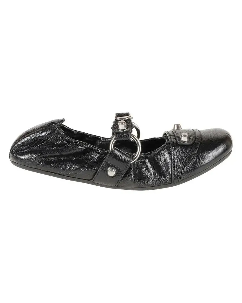 Balenciaga Pointed Toe Black Leather Flats With Silver-Tone A schwarz Schwarz