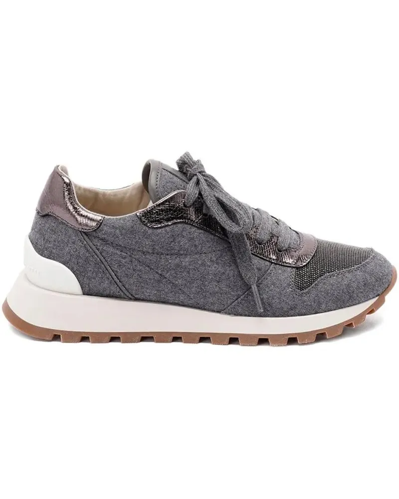 Brunello Cucinelli Low-Top Sneaker Textured Fabric Flats With Metallic Accents grau Grau