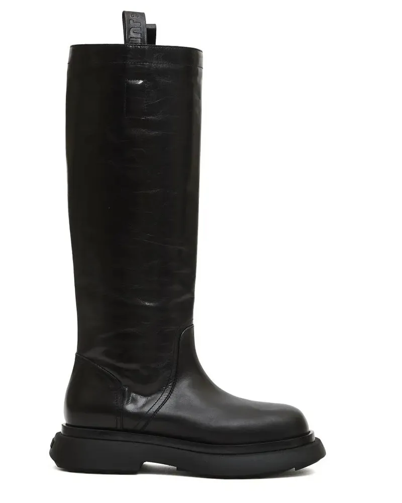 3JUIN Stiefel Black Leather Tall Boots With Chunky Sole And Pull schwarz Schwarz