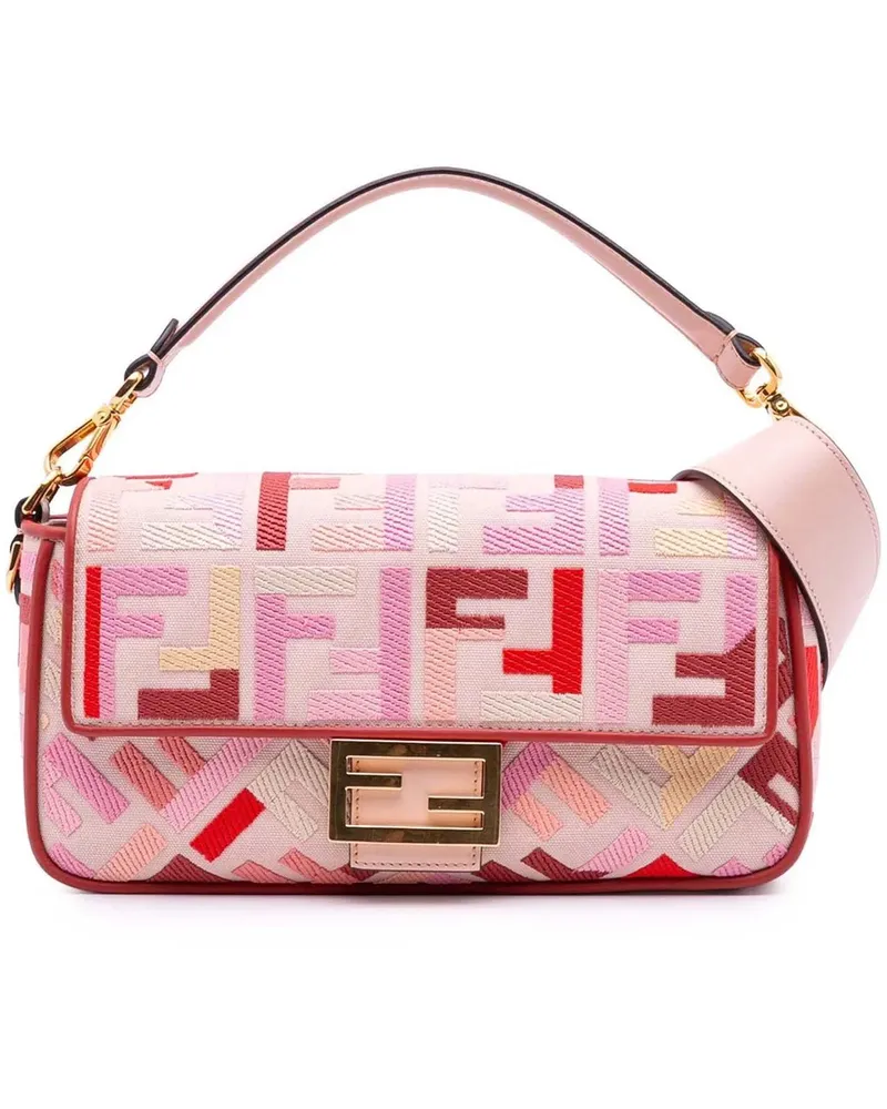 Fendi Hobo Bags Zucca Embroidered Canvas Baguette Satchel rosa Gold