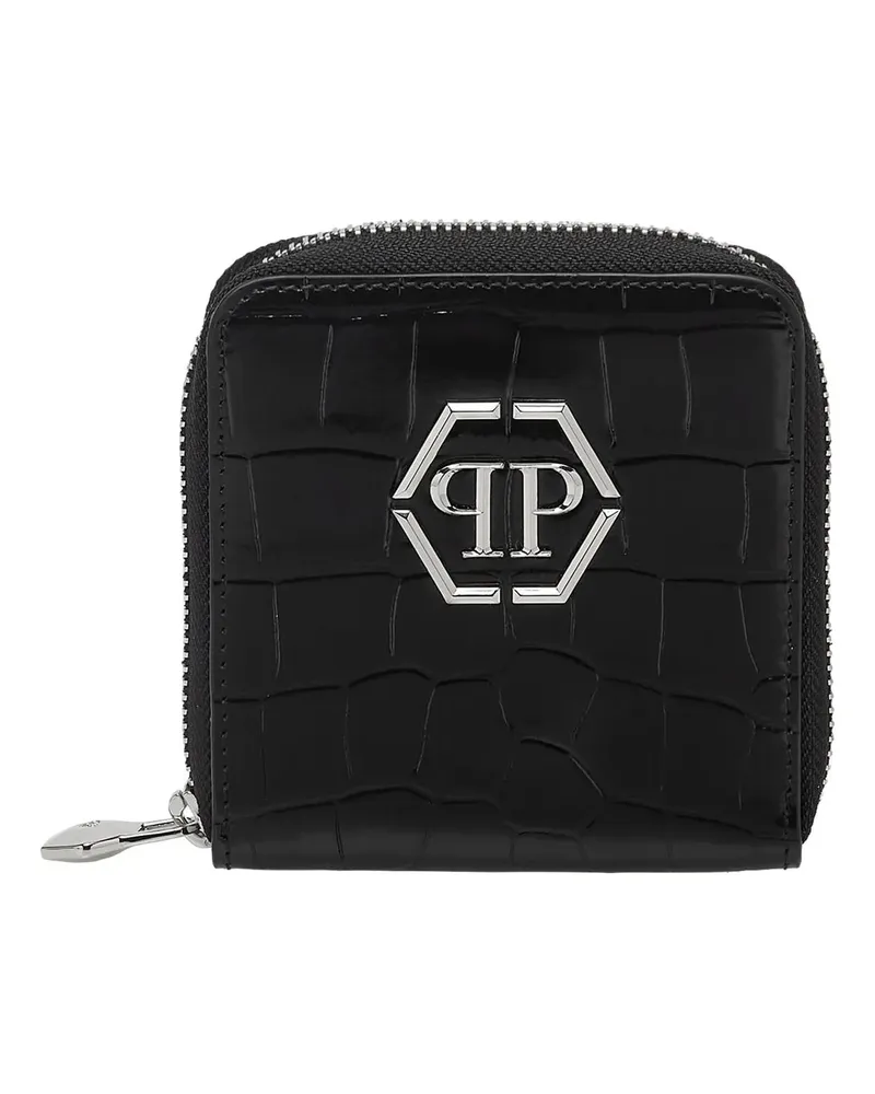 Philipp Plein Portemonnaies Mid-Zip Brieftasche Crocco Print schwarz Schwarz