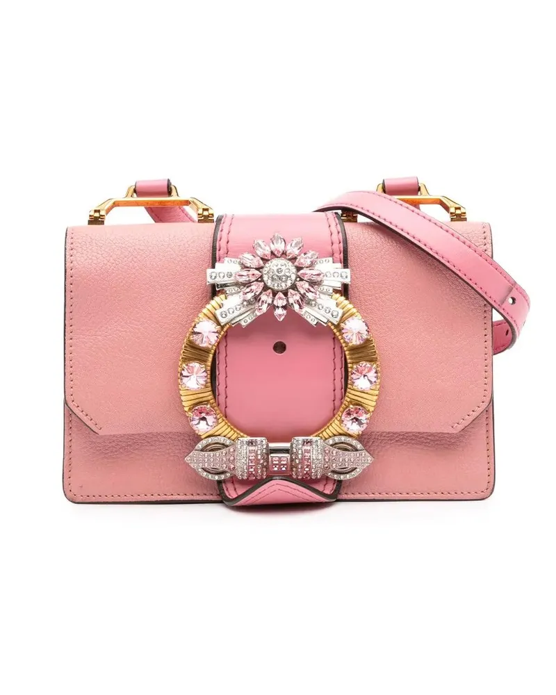 Miu Miu Hobo Bags Goatskin Madras Soft Calf Crystal Embellished Cros rosa Gold