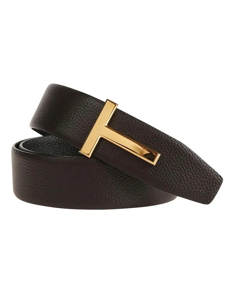 Tom Ford Gürtel Textured Leather Belt With Gold Buckle schwarz Schwarz