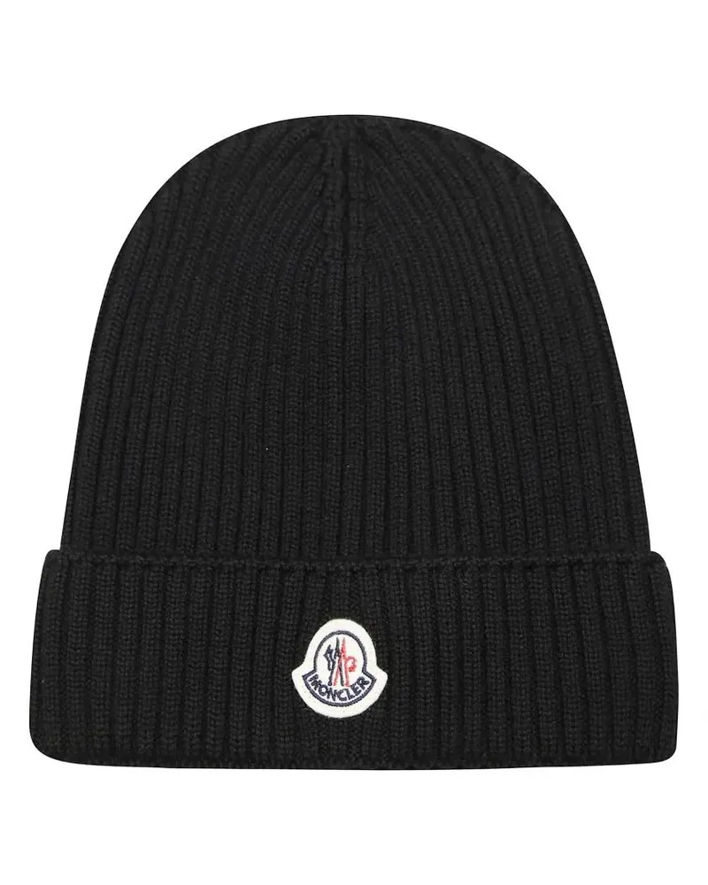 Moncler Caps & Mützen Ribbed Beanie With Central Logo Patch schwarz Schwarz