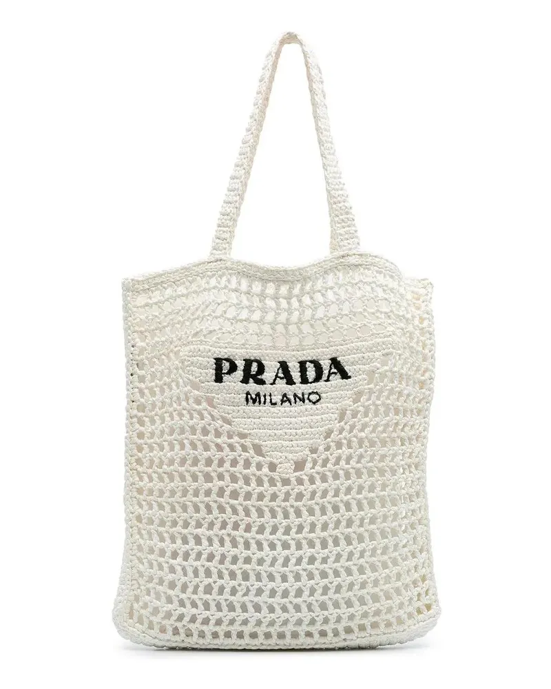 Prada Shopper Raffia Effect Crochet Logo Embroidered Tote weiß Weiß