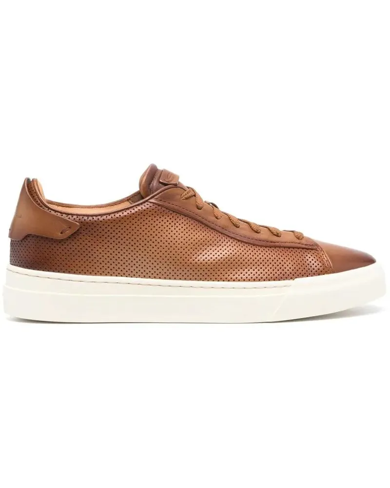 Santoni Low-Top Sneaker Brown Leather Casual Trainers With Perforated Deta braun Braun