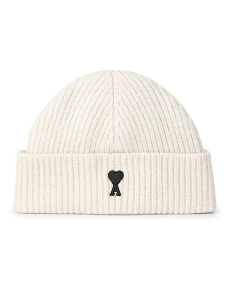 AMI Paris Caps & Mützen Ribbed Knit Wool Beanie creme Creme