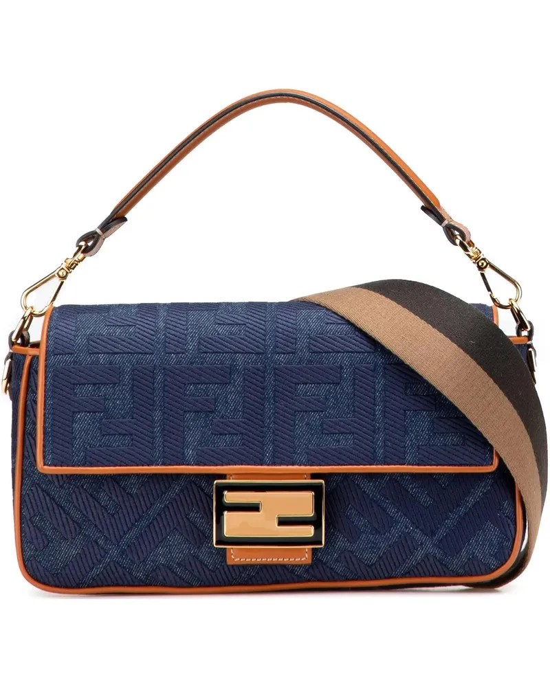 Fendi Hobo Bags Zucca Embroidered Denim Baguette Satchel blau Blau