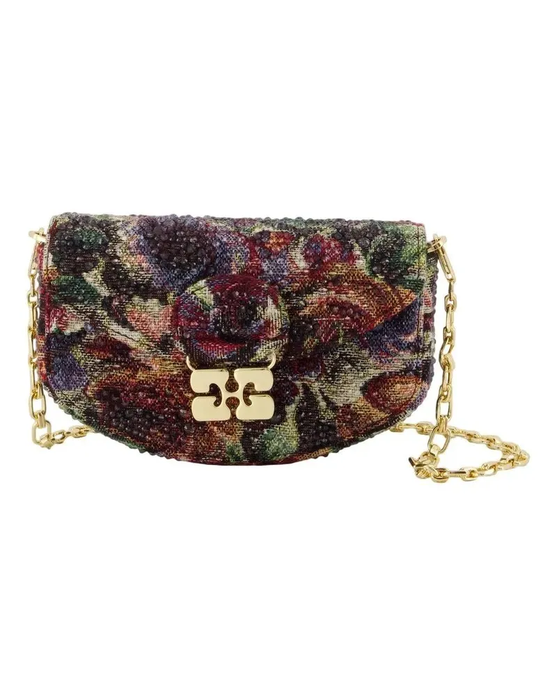 Ganni Portemonnaie Curved Tapestry Wallet On Chain With Floral Design schwarz Schwarz