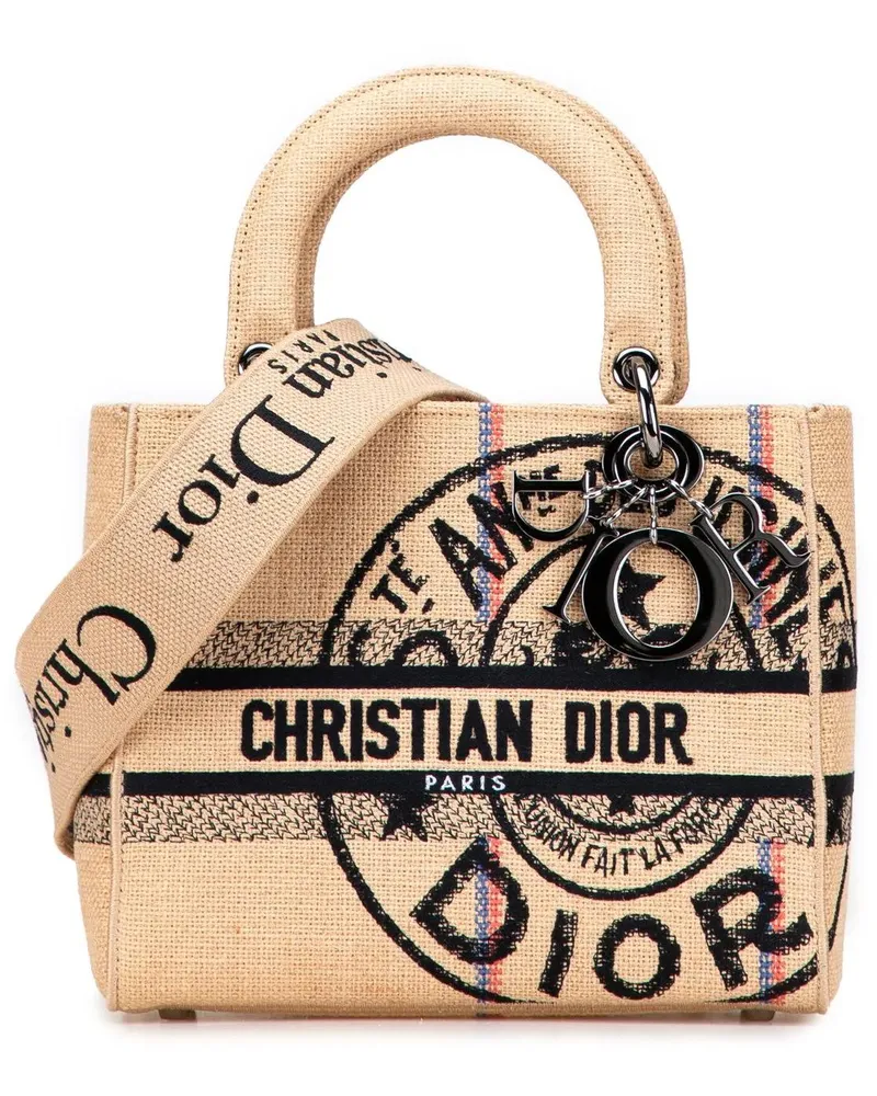 Dior Hobo Bags Medium Jute Embroidered Lady D Lite braun Braun