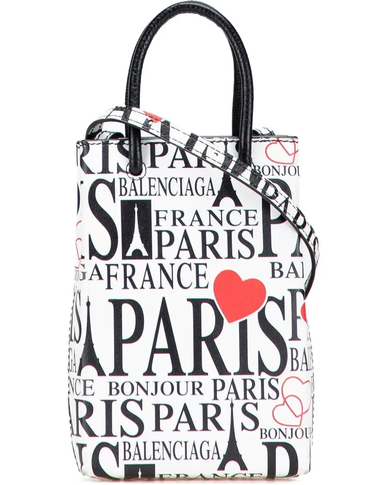 Balenciaga Hobo Bags Mini Calfskin Bonjour Paris Shopping Phone Holder weiß Weiß