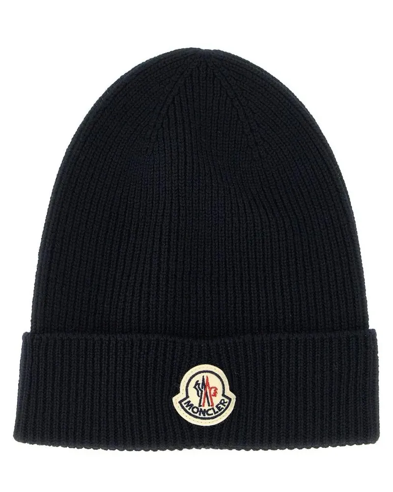 Moncler Caps & Mützen Ribbed Knit Virgin Wool Beanie With Embroidered Lo blau Blau