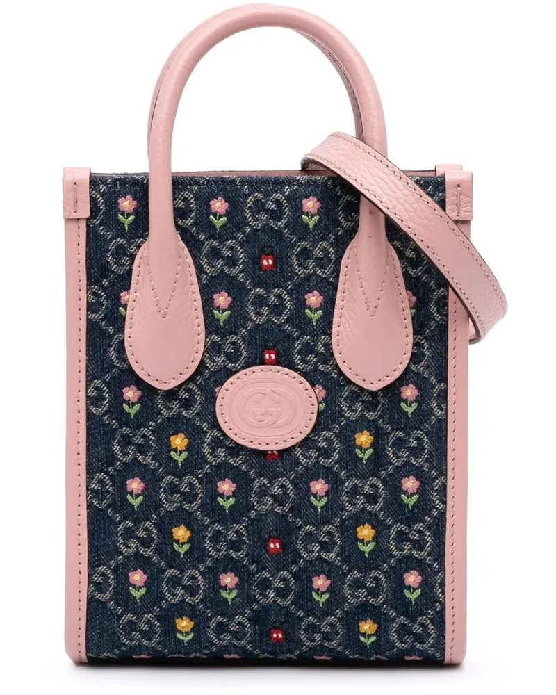 Gucci Hobo Bags Mini GG Denim Interlocking G Flowers Tote blau Blau