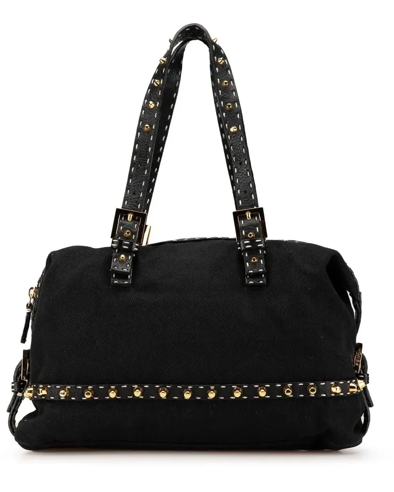 Fendi Hobo Bags 2000-2010 Selleria Studded Canvas Shoulder Bag schwarz Schwarz