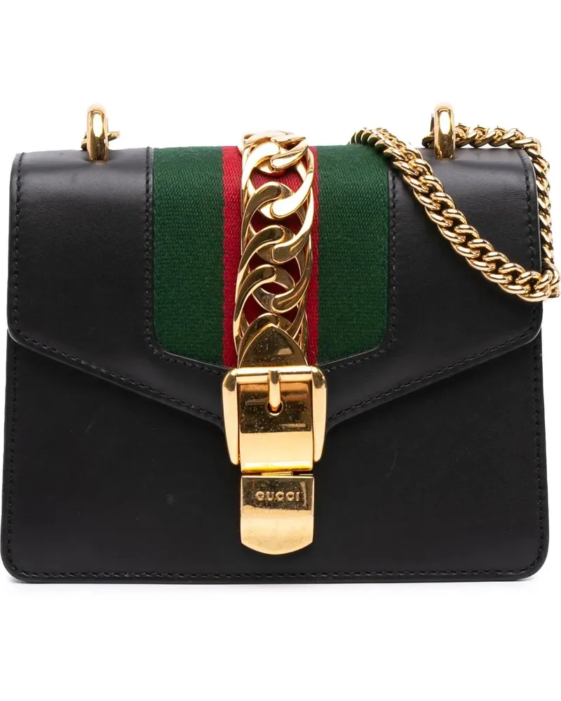 Gucci Hobo Bags Mini Leather Web Sylvie Chain Crossbody schwarz Schwarz