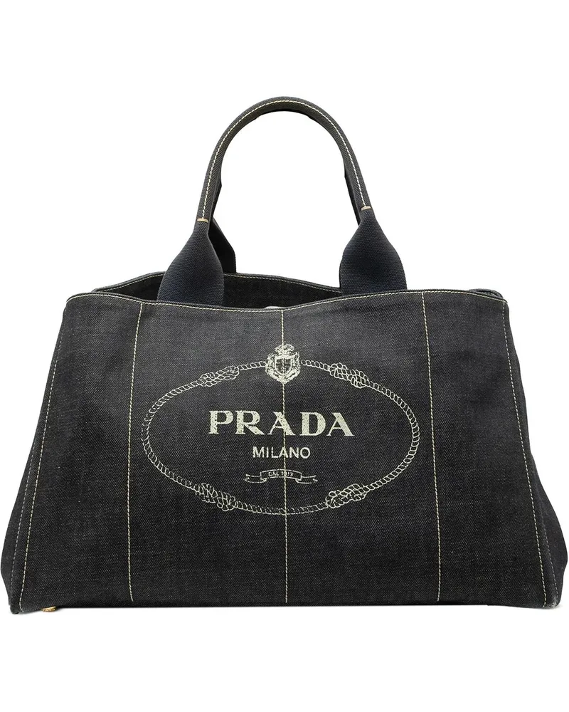 Prada Hobo Bags Large Denim Canapa Logo Satchel schwarz Schwarz