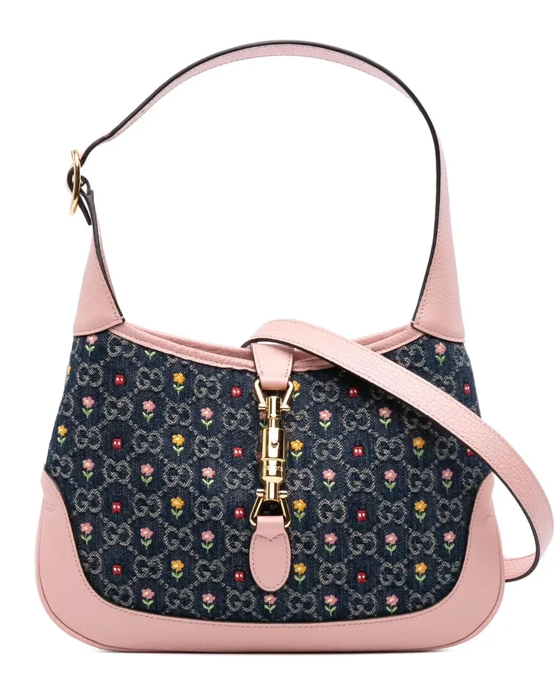 Gucci Hobo Bags Limited Edition Small GG Embroidered Denim Floral blau Blau